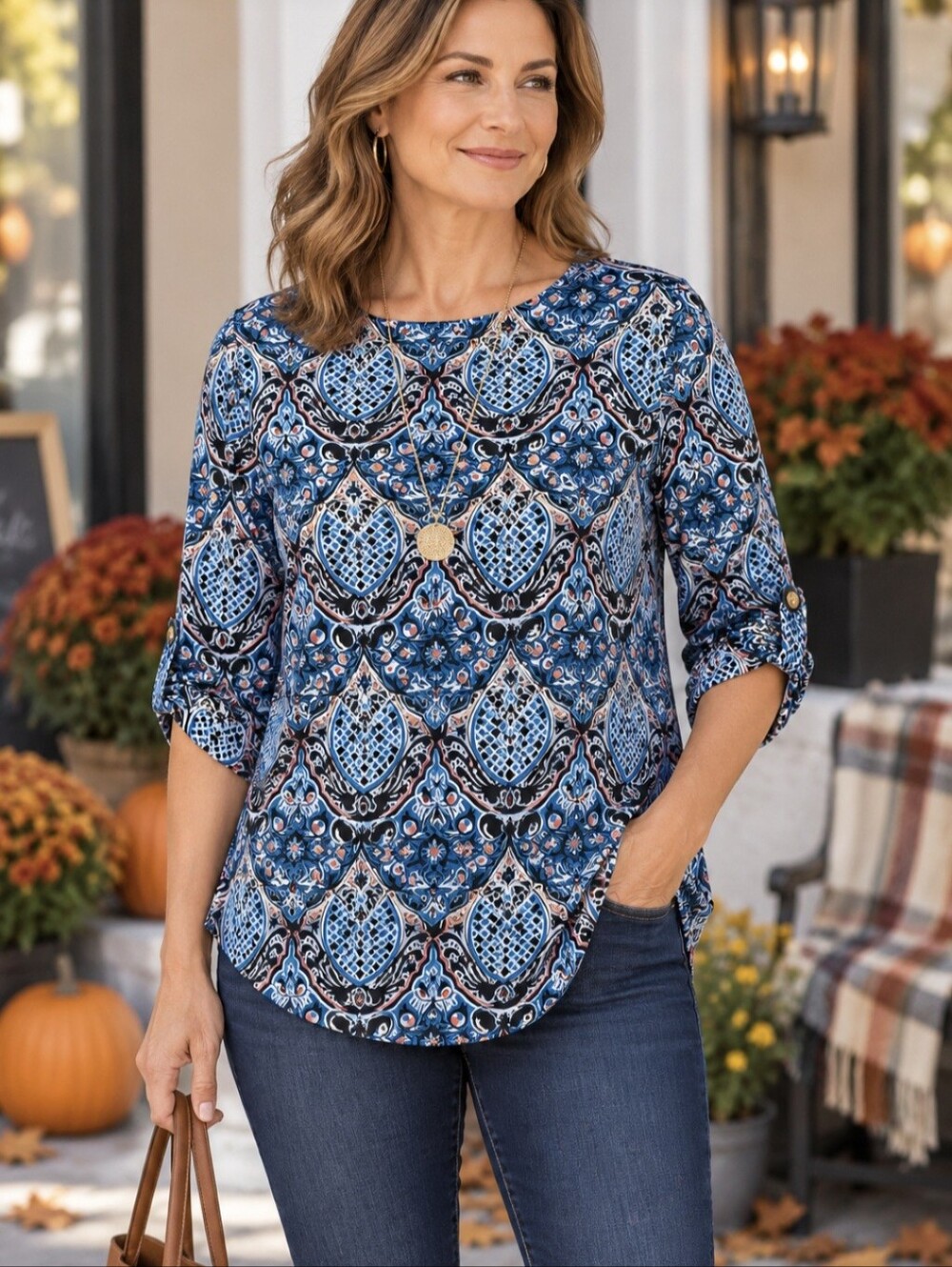 LOFT Blue Paisley Blouse Small Roll Tab Sleeve Lightweight Relaxed Casual Top